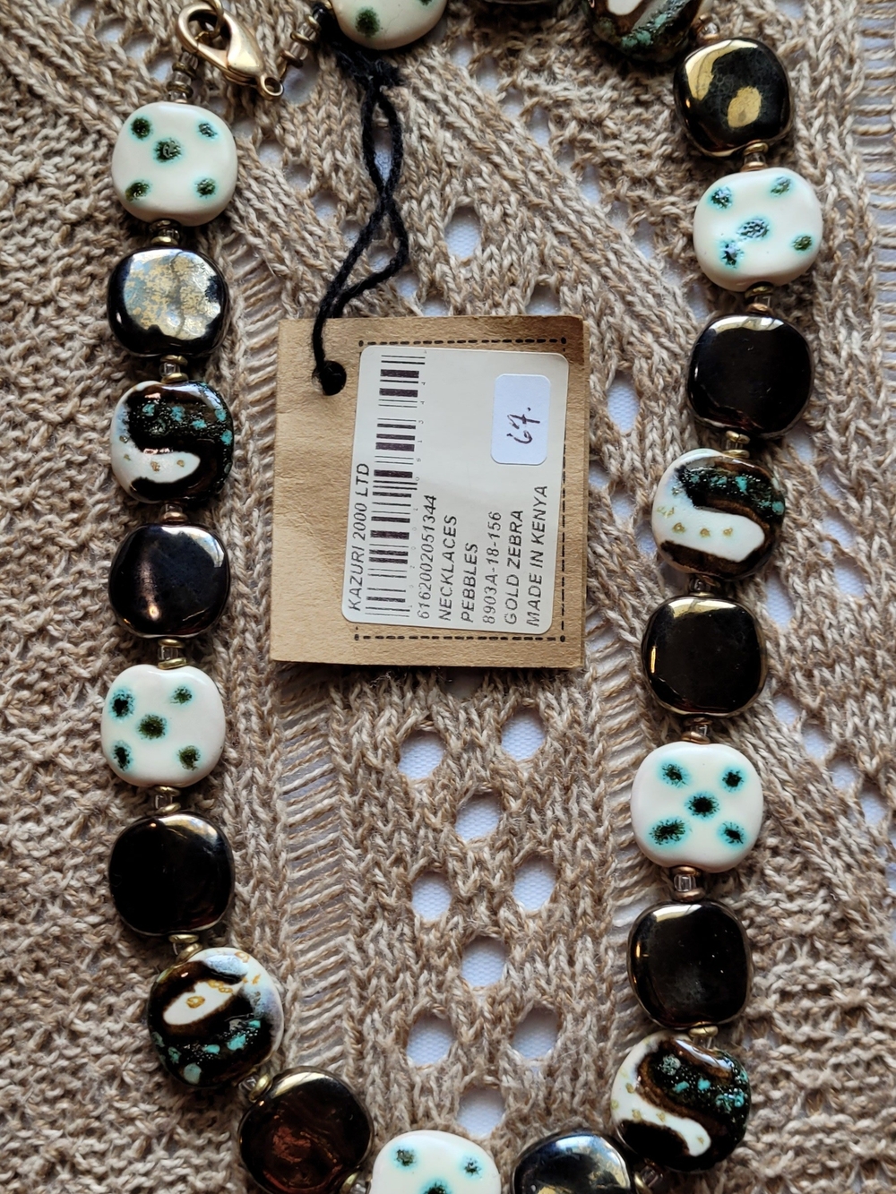 Kazuri "Gold Zebra"  Ceramic Beaded Necklace. New With Tags